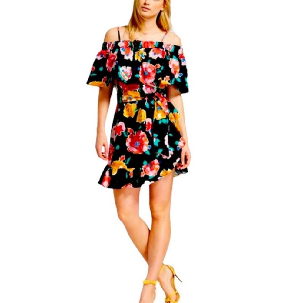 Who What Wear Black Island Floral Off the Shoulder Spaghetti Strap Dress Sz S